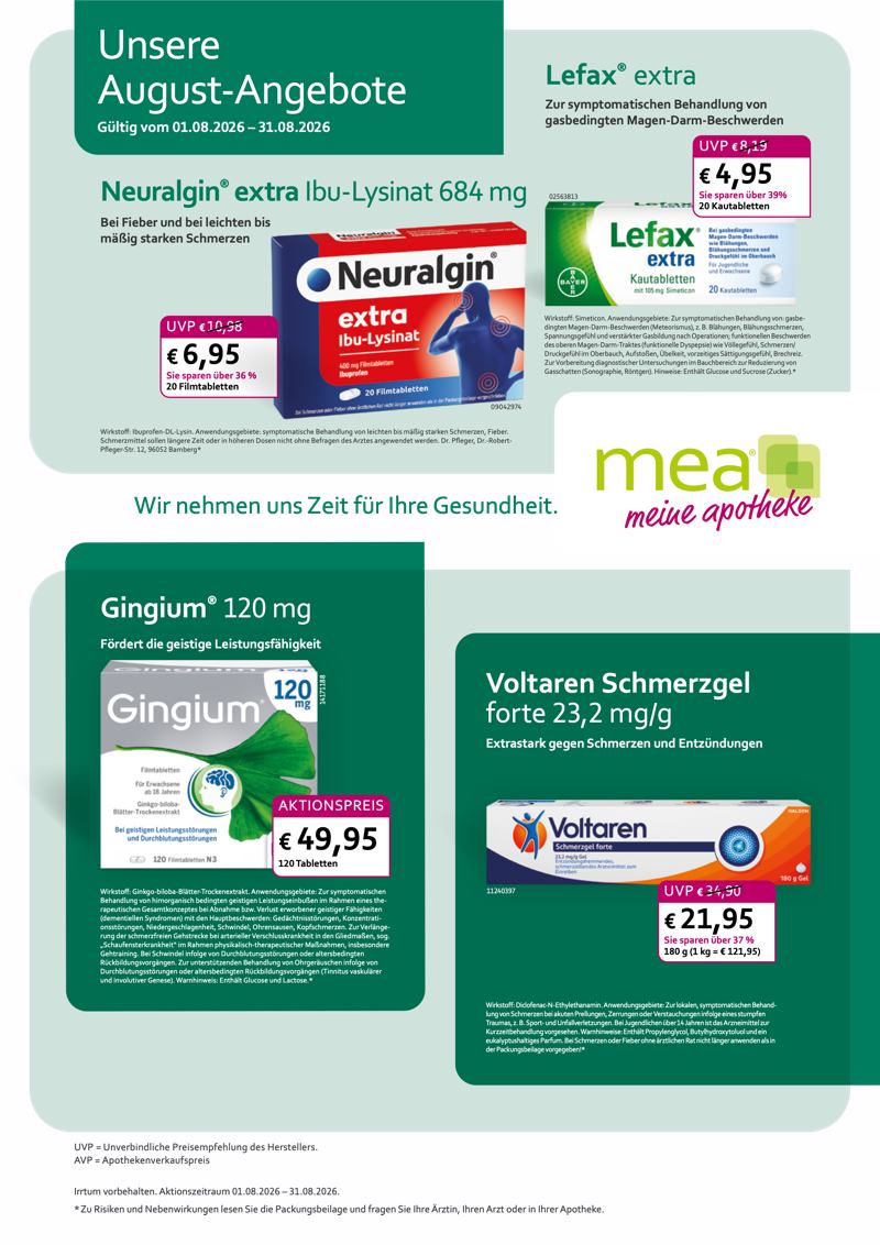 Monatlicher Angebotsflyer der Apotheke mit Informationen zu Öffnungszeiten, Leistungen, Aktionen und wechselnden Produkten aus Gesundheit und Pflege.