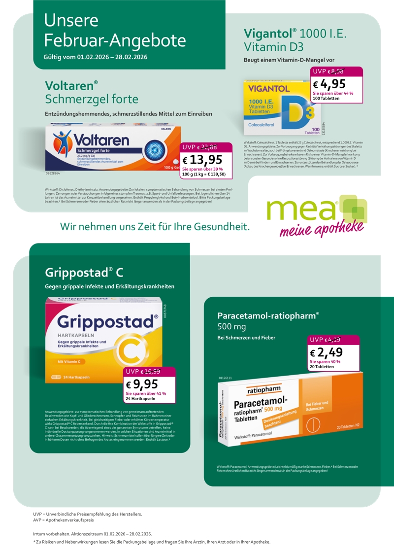 Monatlicher Angebotsflyer der Apotheke mit Informationen zu Öffnungszeiten, Leistungen, Aktionen und wechselnden Produkten aus Gesundheit und Pflege.