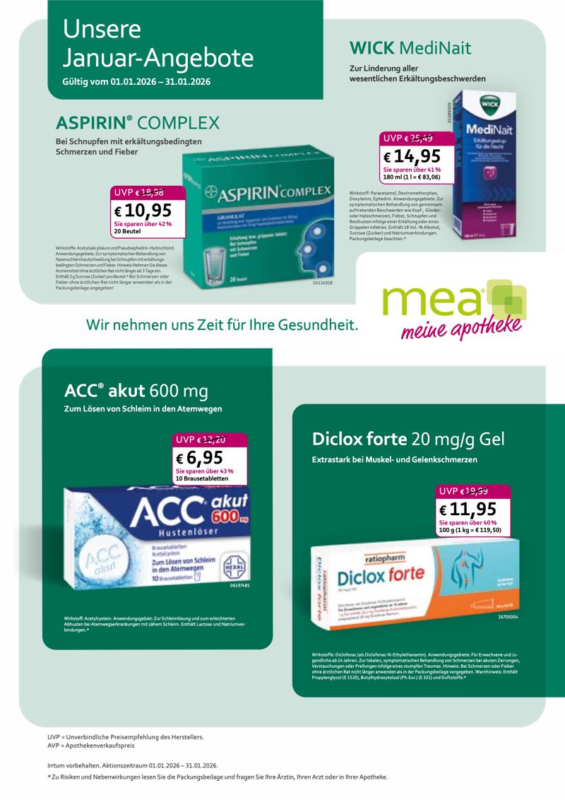 Monatlicher Angebotsflyer der Apotheke mit Informationen zu Öffnungszeiten, Leistungen, Aktionen und wechselnden Produkten aus Gesundheit und Pflege.