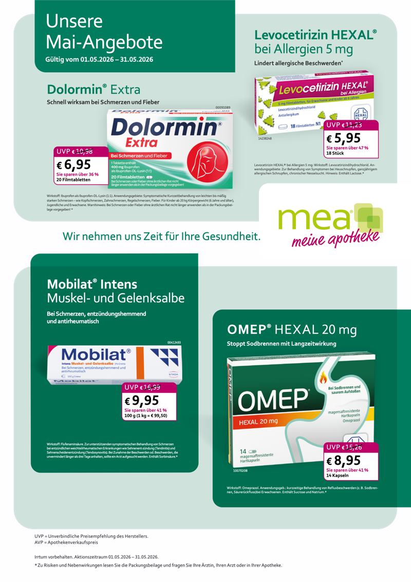 Monatlicher Angebotsflyer der Apotheke mit Informationen zu Öffnungszeiten, Leistungen, Aktionen und wechselnden Produkten aus Gesundheit und Pflege.